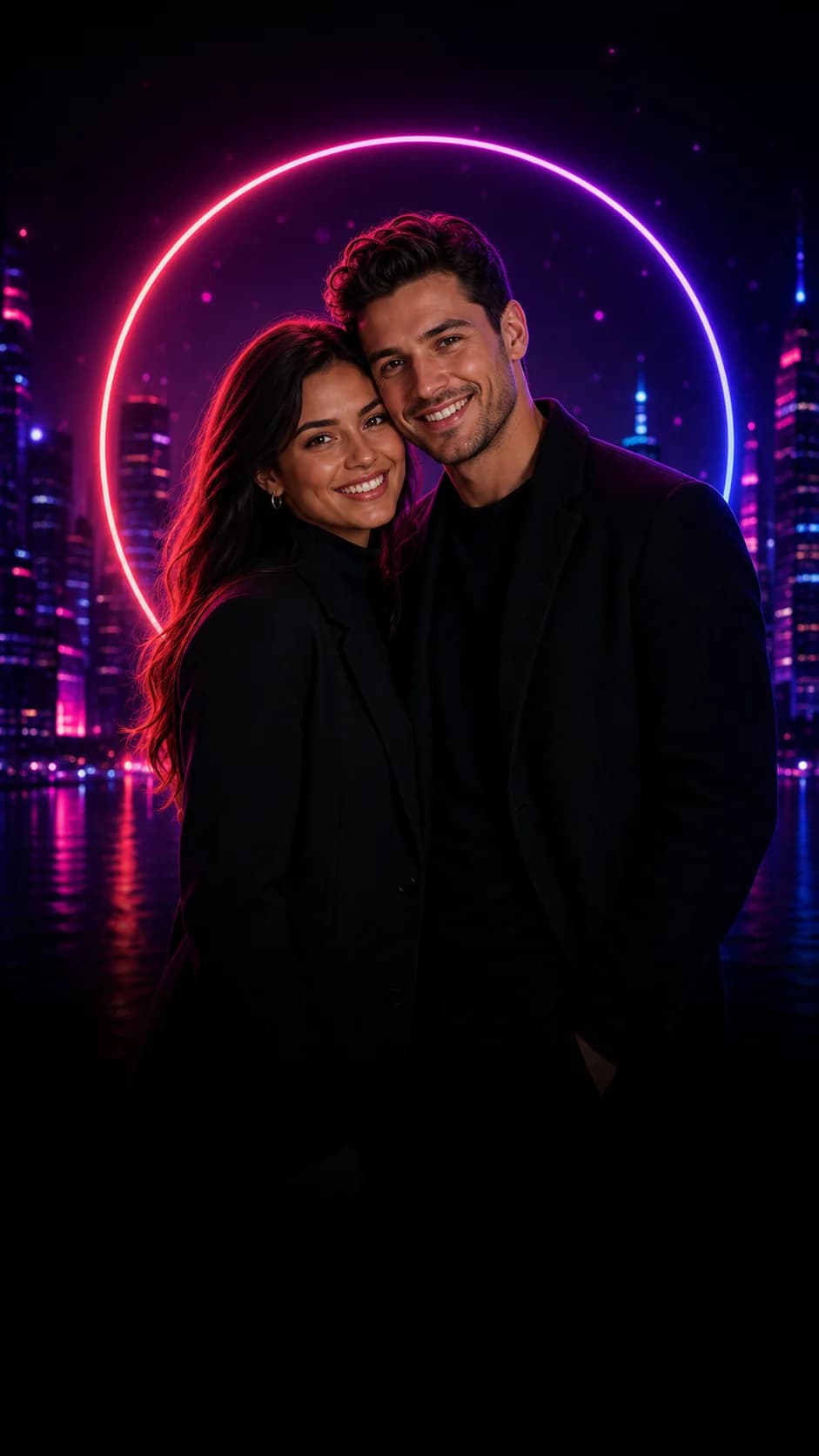 A smiling couple together beneath a pink and blue neon halo